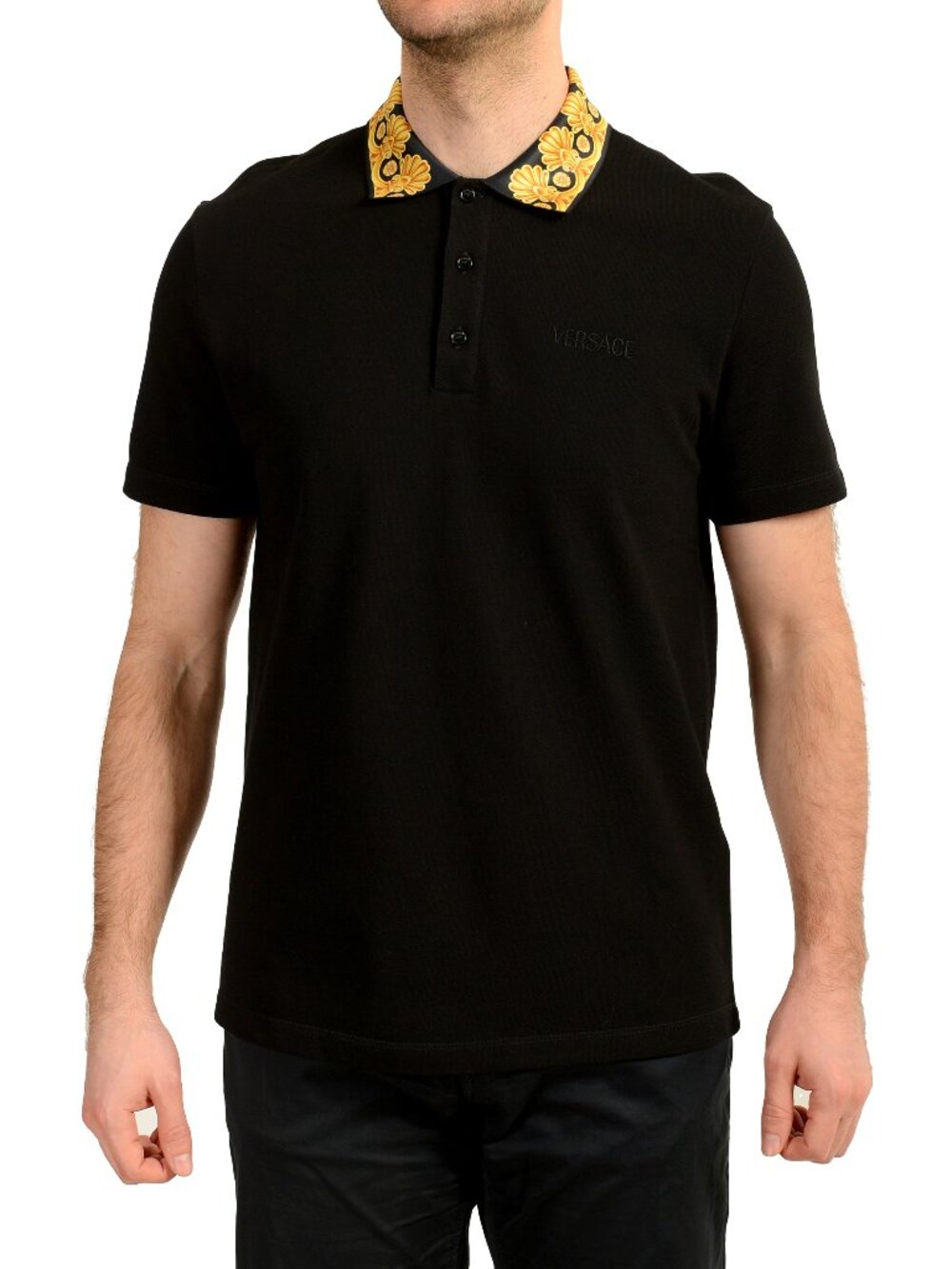 Versace Men's Black Barocco Print Short Sleeve Polo Shirt US L IT 50